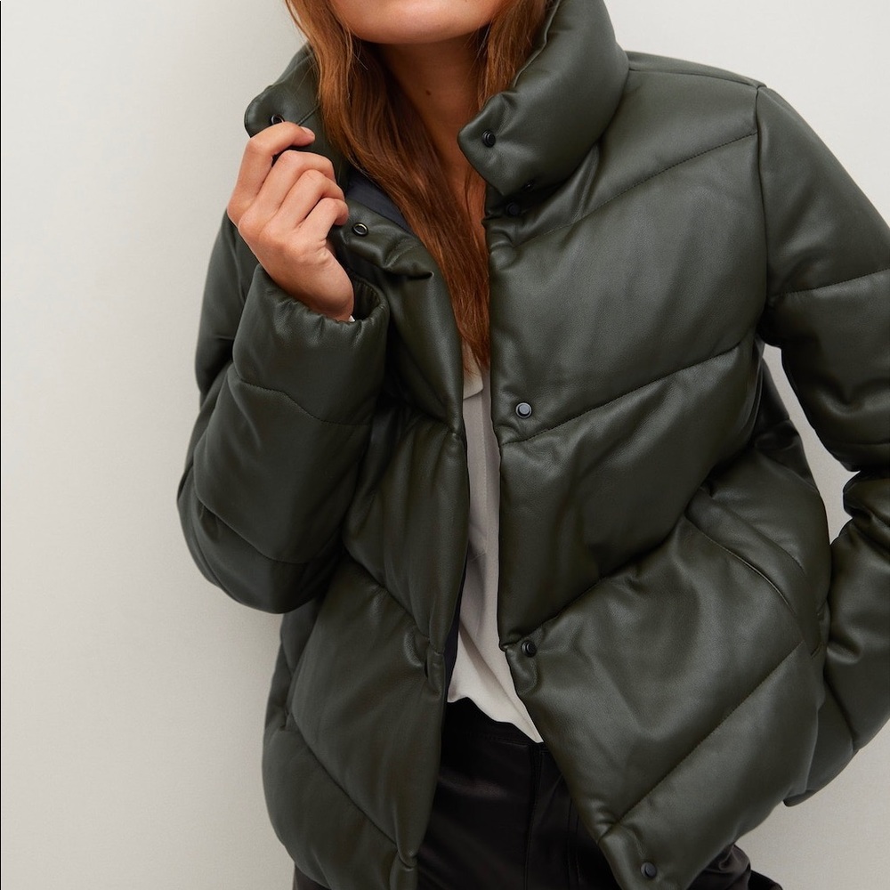 Mango Faux Leather Puffer Olive Green